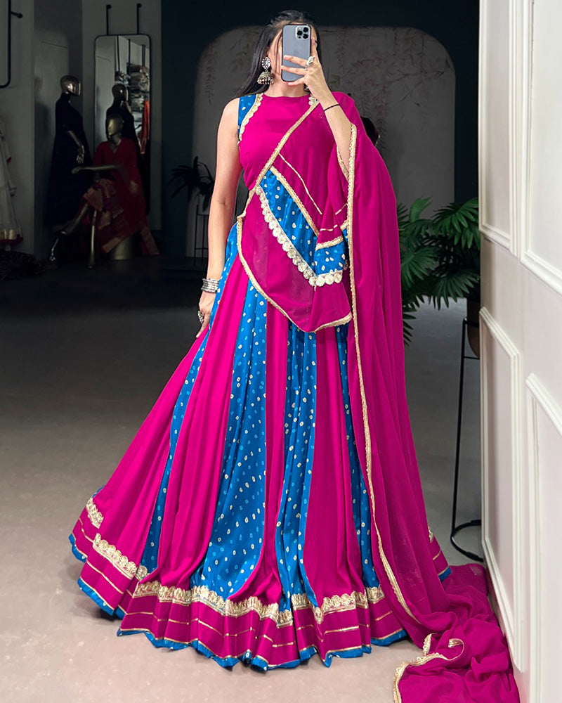 PINK AND BLUE DESIGNER BANDHEJ PRINT BEAUTIFUL LEHENGA CHOLI