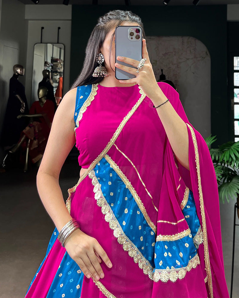 PINK AND BLUE DESIGNER BANDHEJ PRINT BEAUTIFUL LEHENGA CHOLI