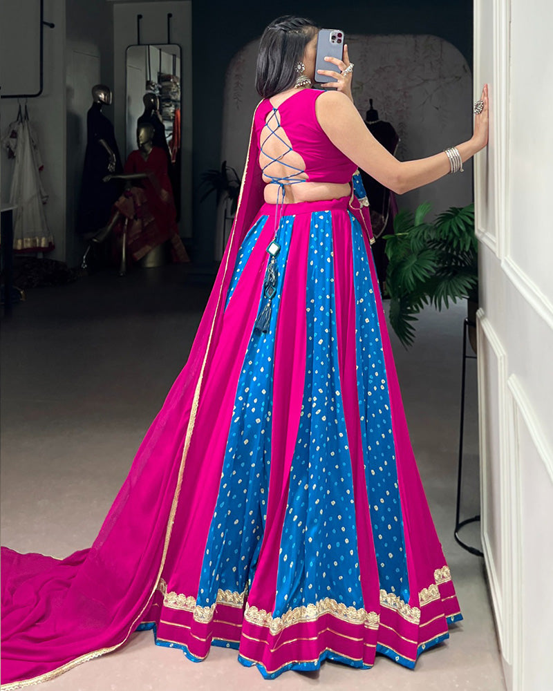 PINK AND BLUE DESIGNER BANDHEJ PRINT BEAUTIFUL LEHENGA CHOLI
