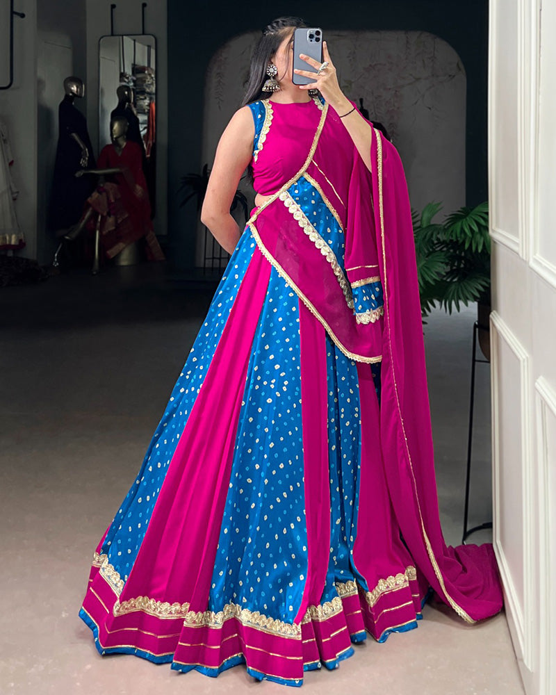 PINK AND BLUE DESIGNER BANDHEJ PRINT BEAUTIFUL LEHENGA CHOLI