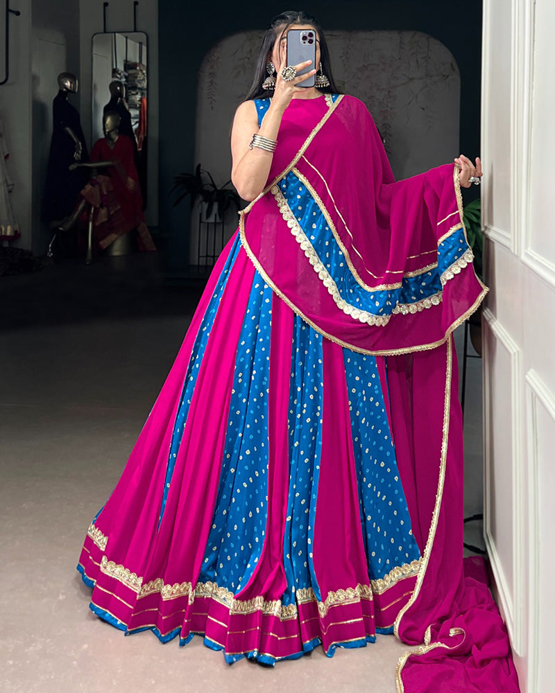 PINK AND BLUE DESIGNER BANDHEJ PRINT BEAUTIFUL LEHENGA CHOLI