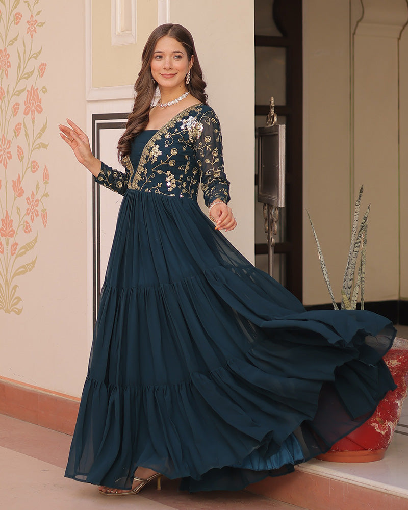 Feminine Teal Blue Sequins Embroidery Georgette Engagement Wear Gown