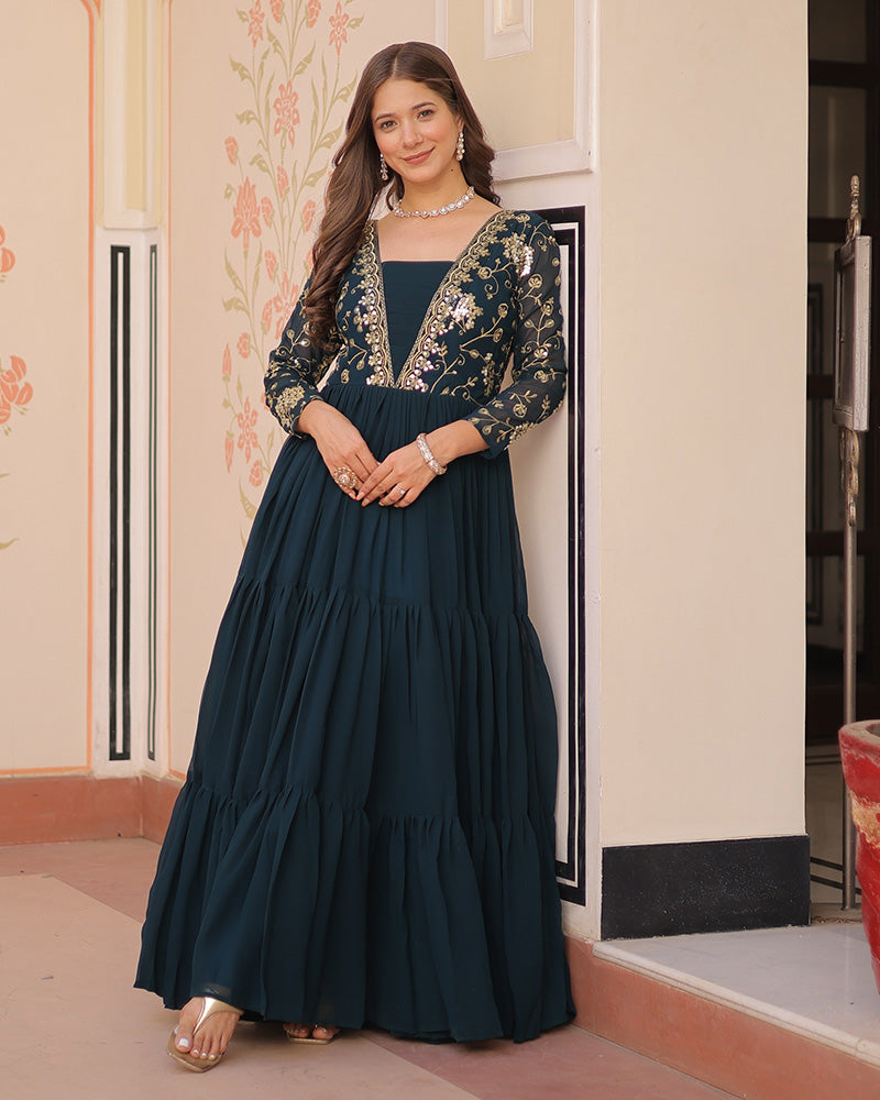 Feminine Teal Blue Sequins Embroidery Georgette Engagement Wear Gown
