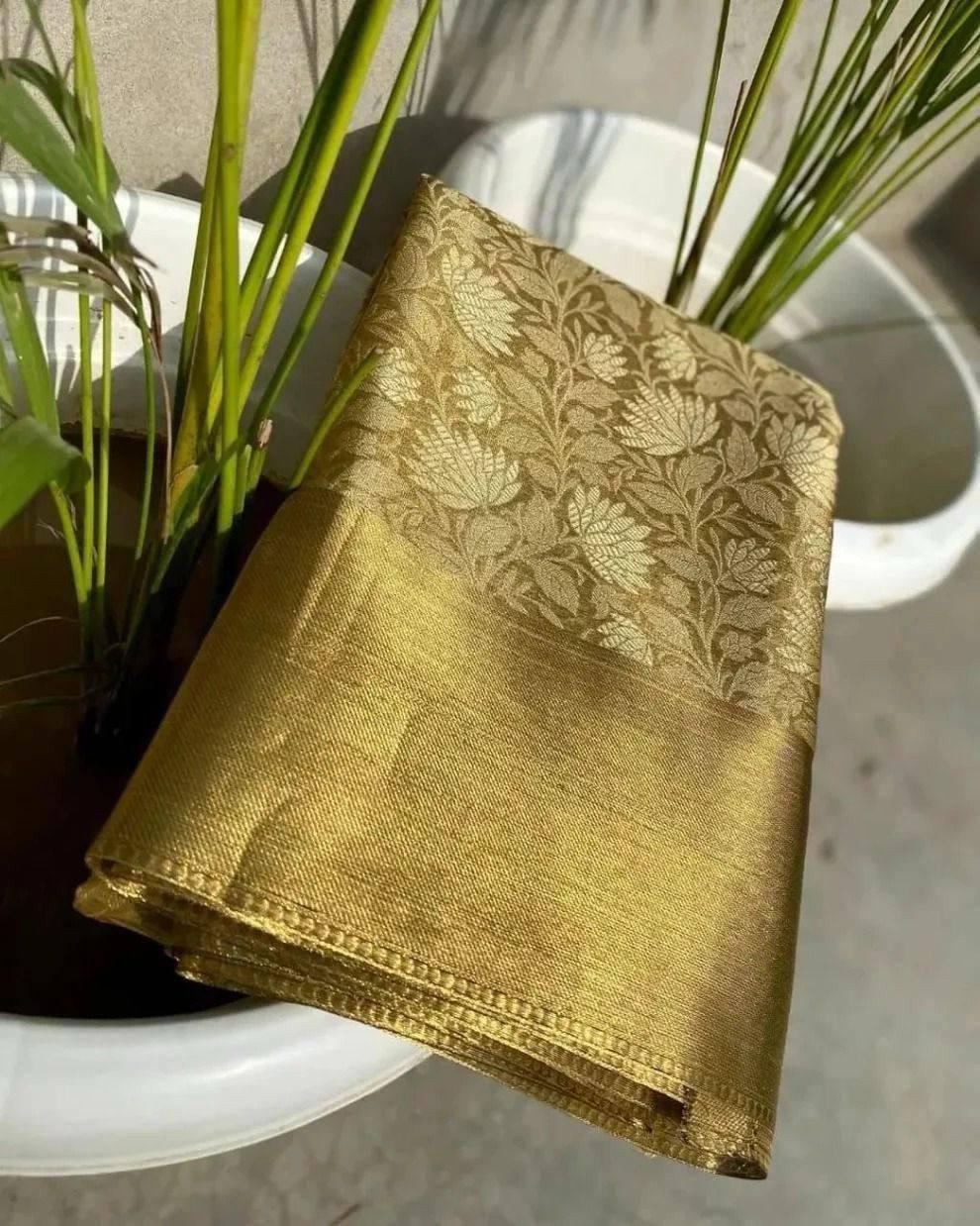 BOLLYWOOD-INSPIRED ENGAGING GOLDEN SOFT TISSUE SILK SAREE WITH PRODIGAL BLOUSE PIECE