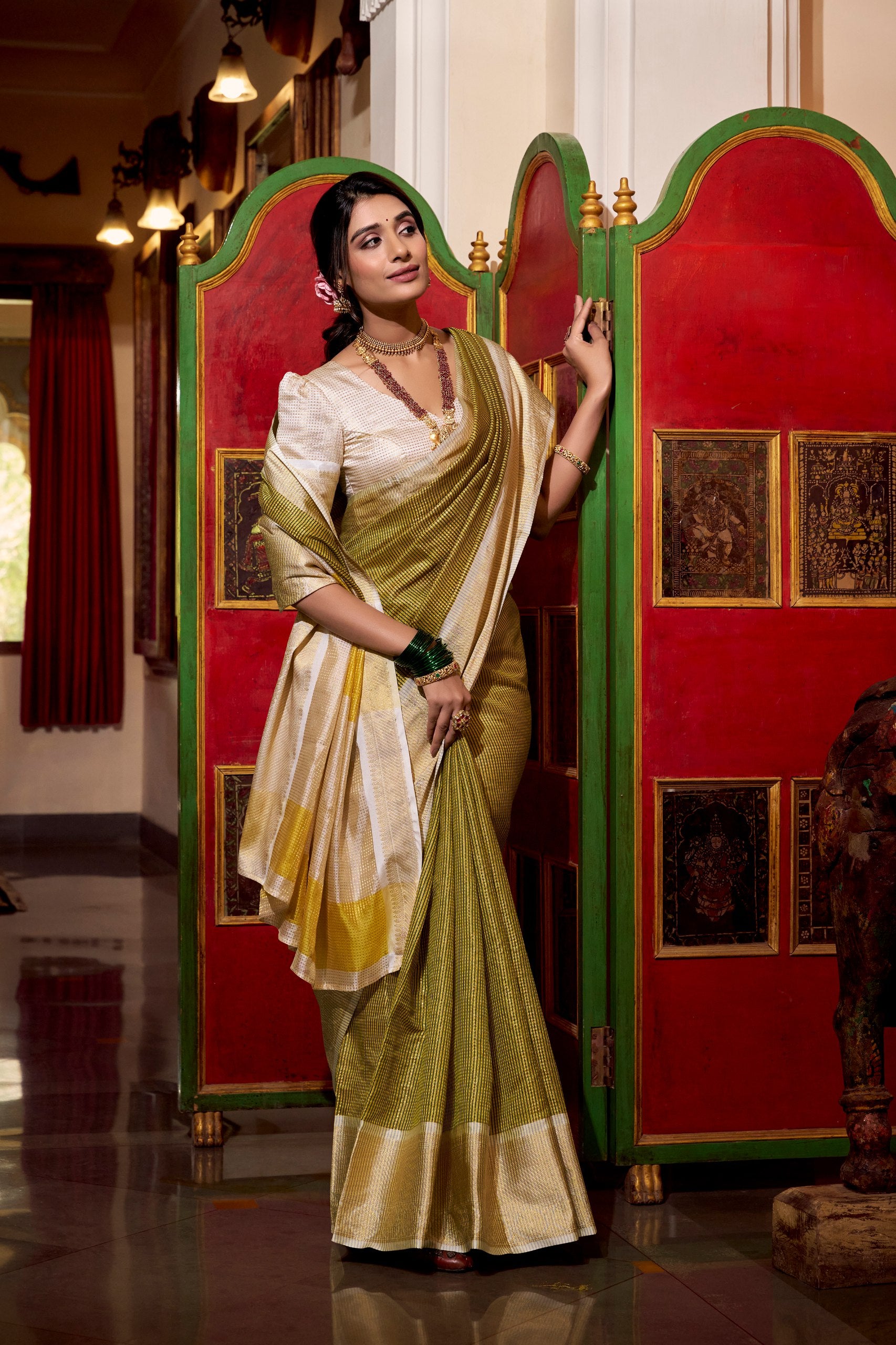 Designer Pista Color Weightless Jacquard Chex Saree Women's Wear