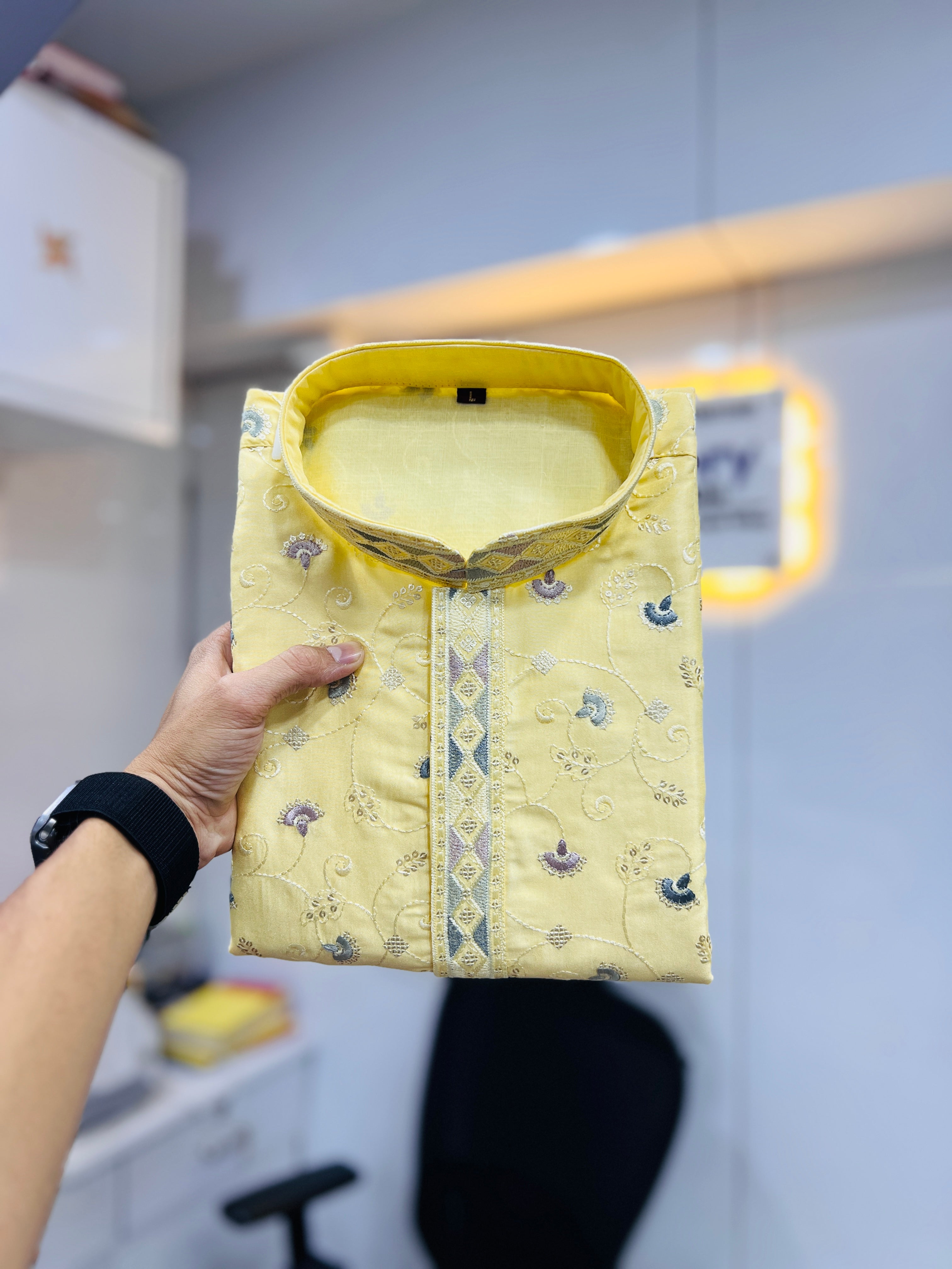 Yellow Wedding Mens Kurta Pajama In Silky Silk With Multi Embroidery Flower Work