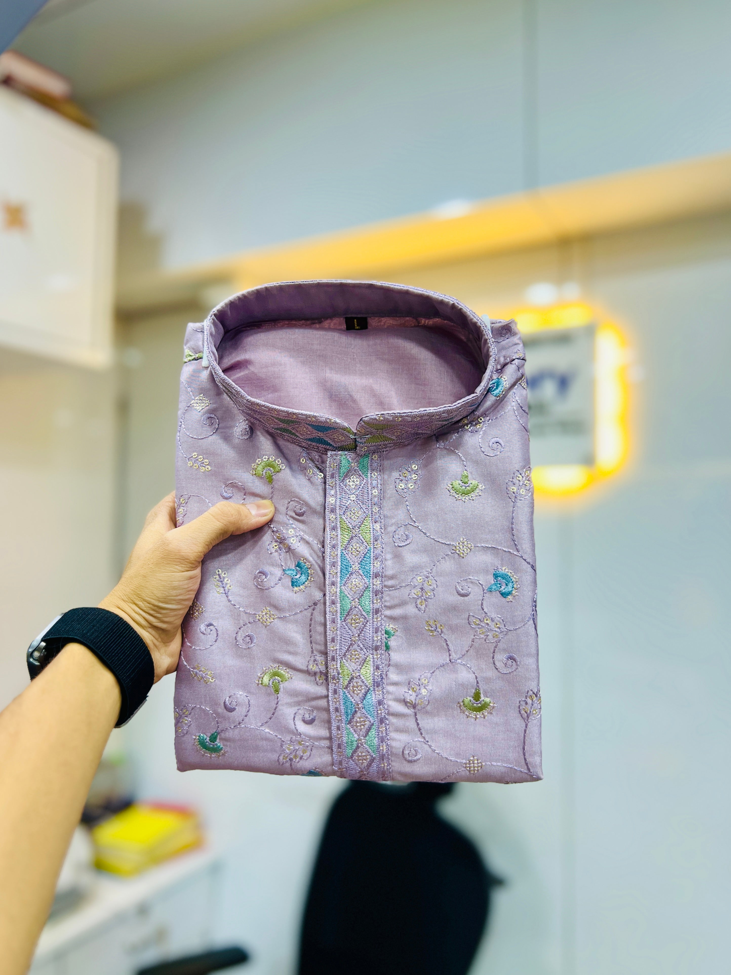 Purple Wedding Mens Kurta Pajama In Silky Silk With Multi Embroidery Flower Work