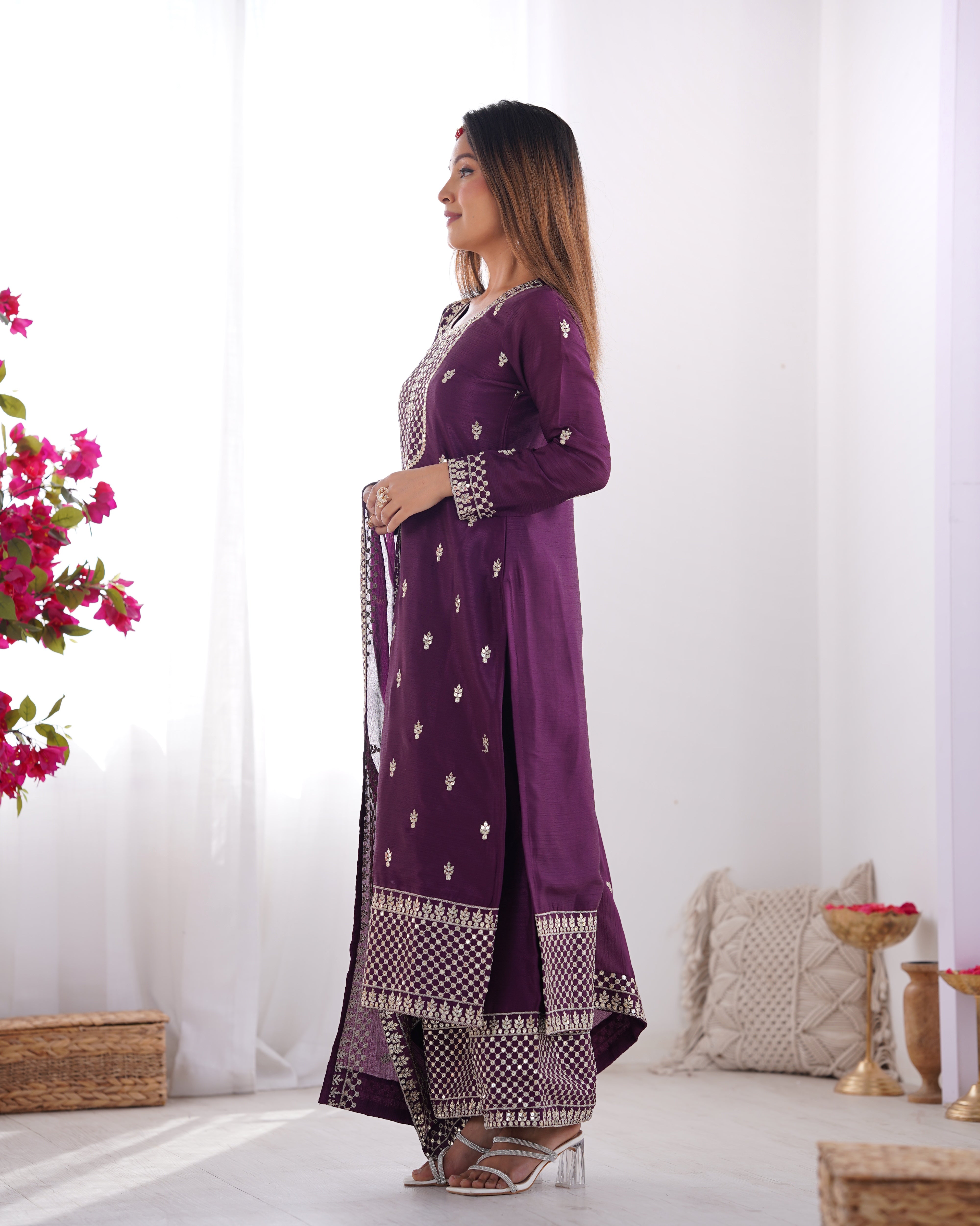 Wine Color Chinon Silk Three Piece Kurti Suit