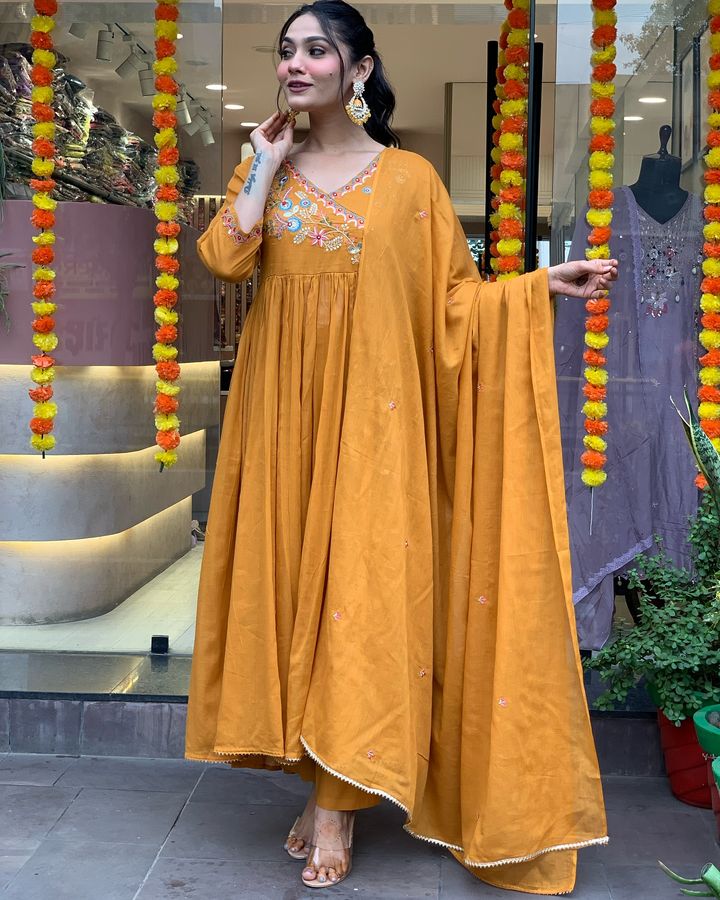 Awesome Mustard Yellow Embroidered Viscose Pant Suit With Dupatta
