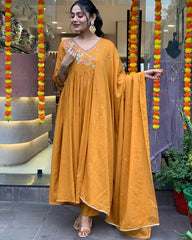 Awesome Mustard Yellow Embroidered Viscose Pant Suit With Dupatta