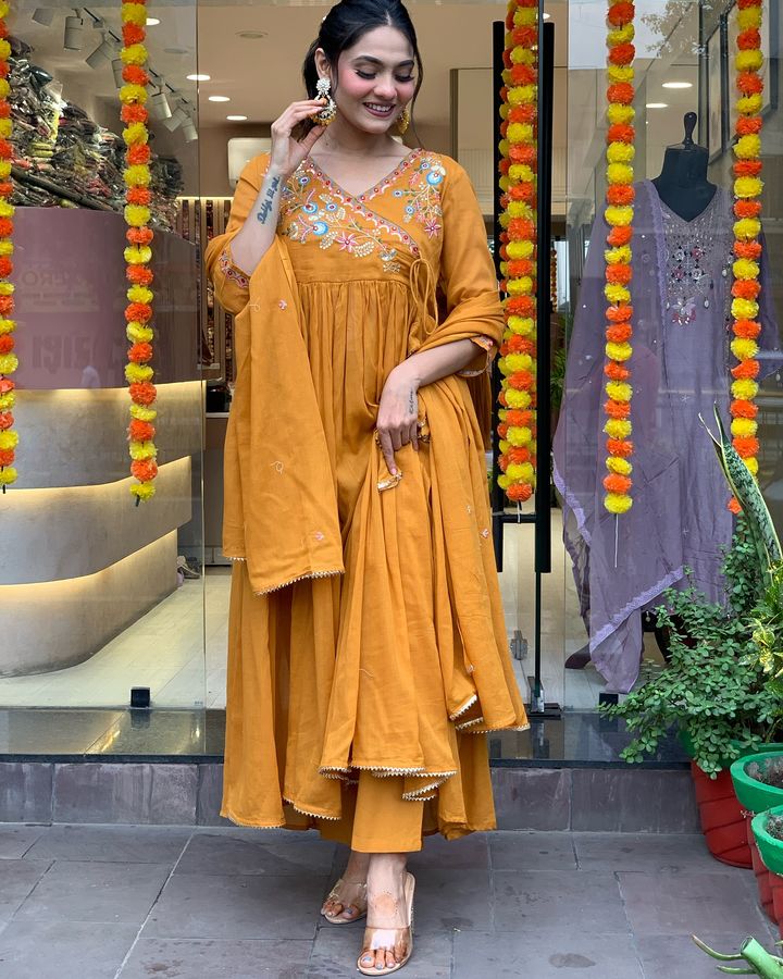 Awesome Mustard Yellow Embroidered Viscose Pant Suit With Dupatta