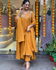 Awesome Mustard Yellow Embroidered Viscose Pant Suit With Dupatta