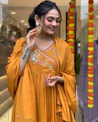 Awesome Mustard Yellow Embroidered Viscose Pant Suit With Dupatta