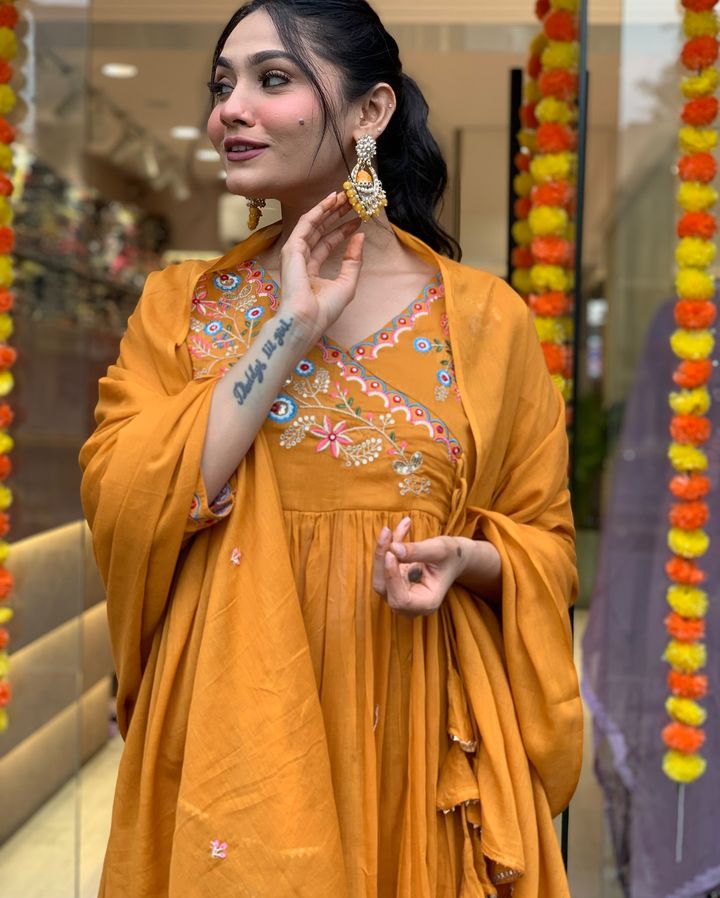 Awesome Mustard Yellow Embroidered Viscose Pant Suit With Dupatta