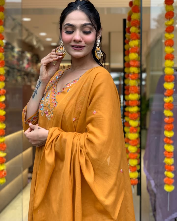 Awesome Mustard Yellow Embroidered Viscose Pant Suit With Dupatta