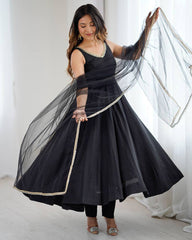 INCREDIBLE BLACK CHANDERI SILK LACE WORK FESTIVE WEAR ANARKALI SUIT