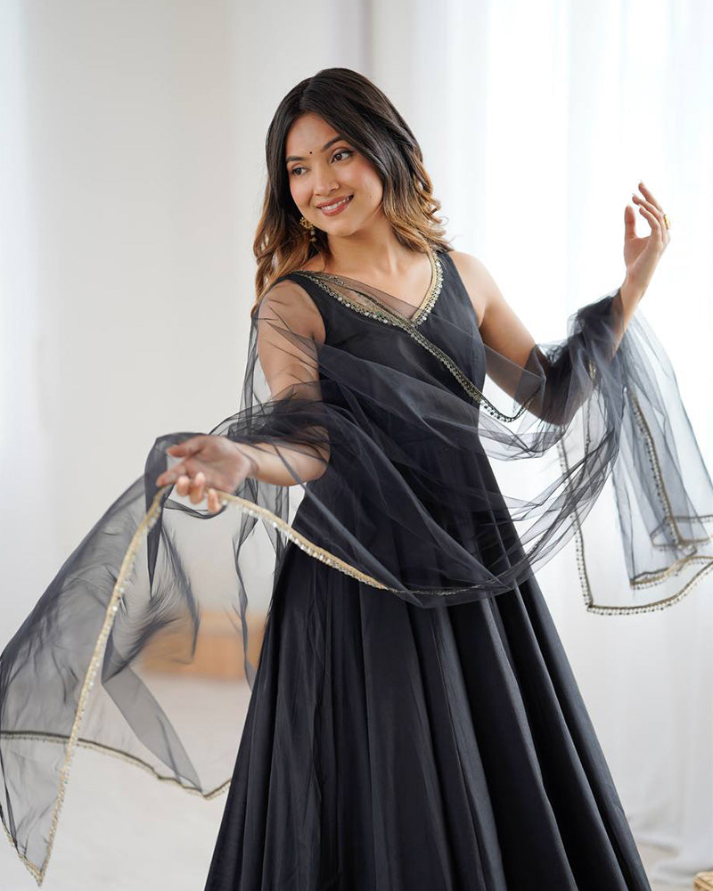 INCREDIBLE BLACK CHANDERI SILK LACE WORK FESTIVE WEAR ANARKALI SUIT