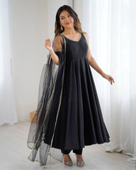INCREDIBLE BLACK CHANDERI SILK LACE WORK FESTIVE WEAR ANARKALI SUIT