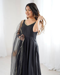 INCREDIBLE BLACK CHANDERI SILK LACE WORK FESTIVE WEAR ANARKALI SUIT