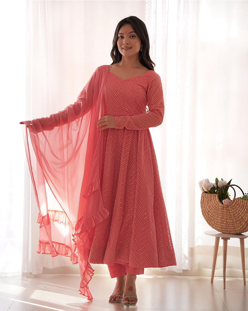 Incredible Peach Lucknawi Work Georgette Anarkali Suit With Ruffle Dupatta