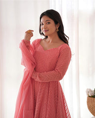 Incredible Peach Lucknawi Work Georgette Anarkali Suit With Ruffle Dupatta