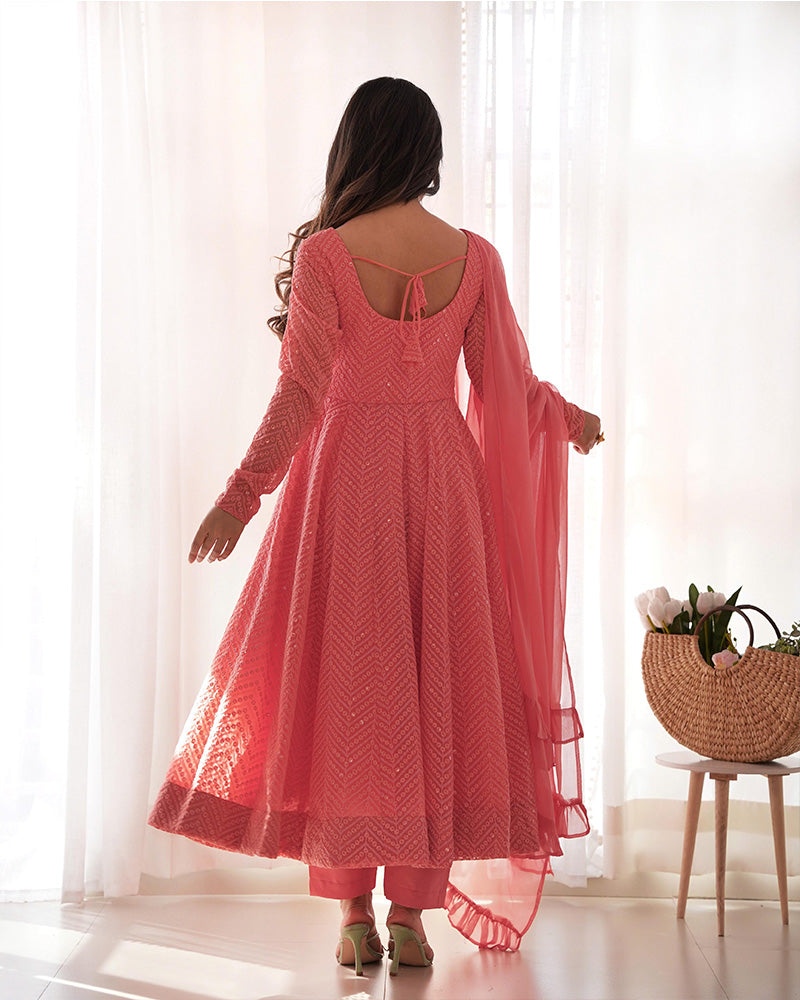 Incredible Peach Lucknawi Work Georgette Anarkali Suit With Ruffle Dupatta