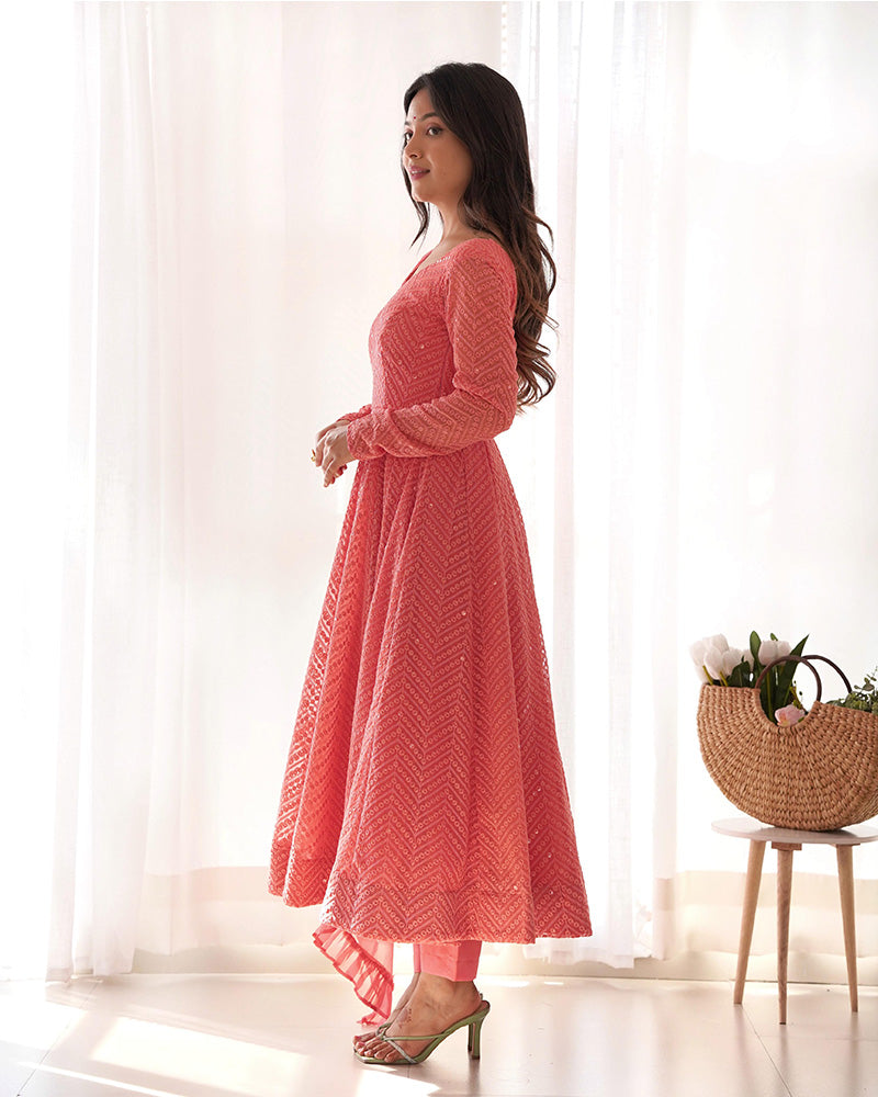 Incredible Peach Lucknawi Work Georgette Anarkali Suit With Ruffle Dupatta