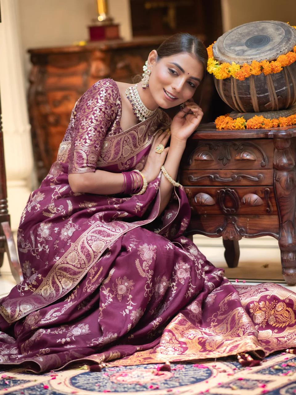 PREFERABLE WINE SOFT SILK SAREE WITH ETHNIC BLOUSE PIECE
