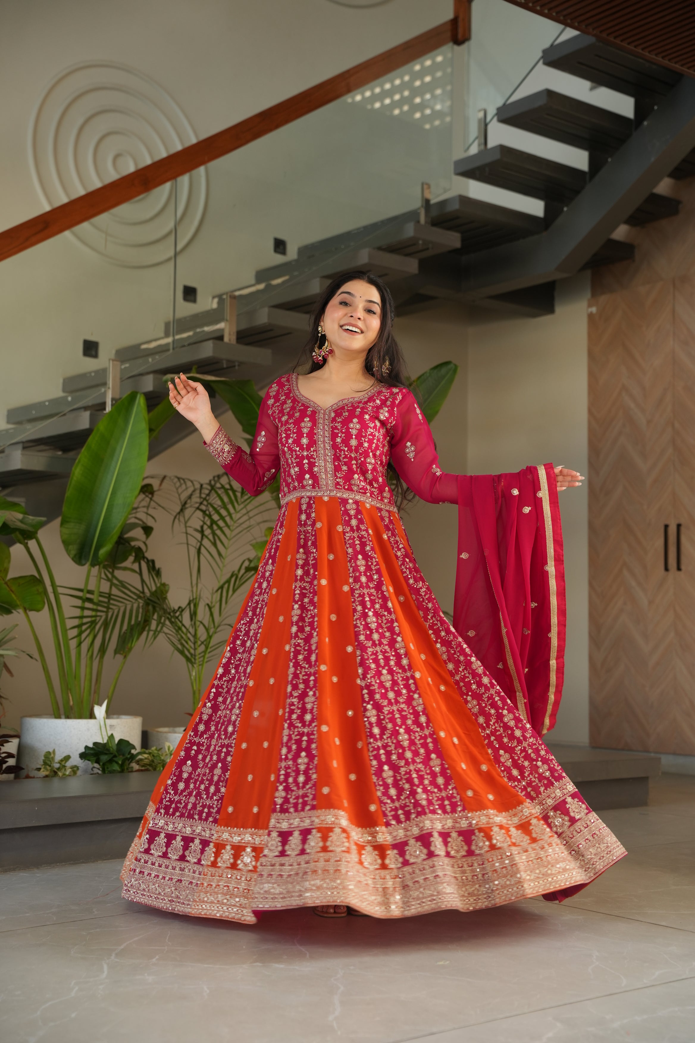 Adorable Pink Georgette Sequins Embroidered Gown With Dupatta