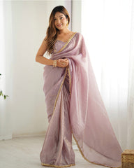 SPECTACULAR LIGHT MAUVE TISSUE SILK PRE STITCHED SAREE WITH BLOUSE