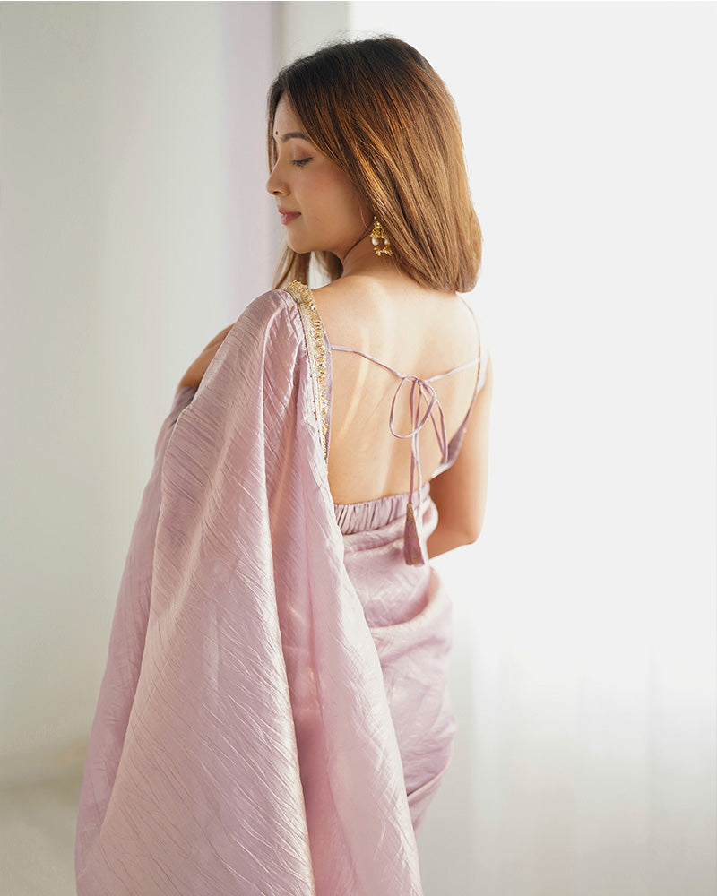 SPECTACULAR LIGHT MAUVE TISSUE SILK PRE STITCHED SAREE WITH BLOUSE
