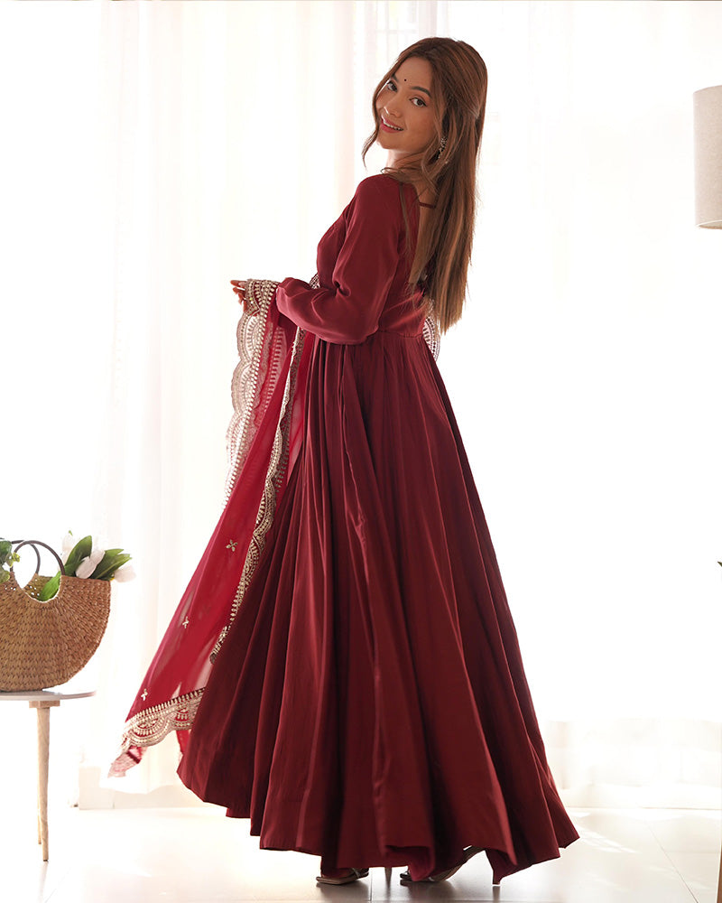 Bewitching Maroon Silk Traditional Anarkali Suit With Dupatta