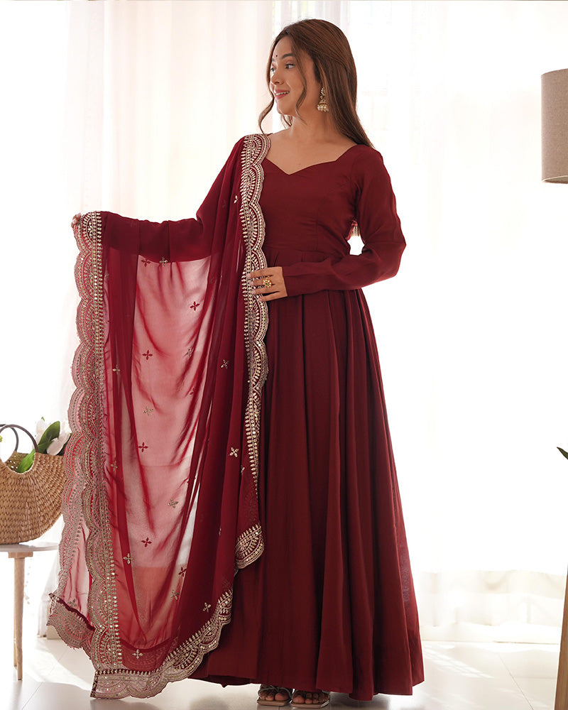Bewitching Maroon Silk Traditional Anarkali Suit With Dupatta