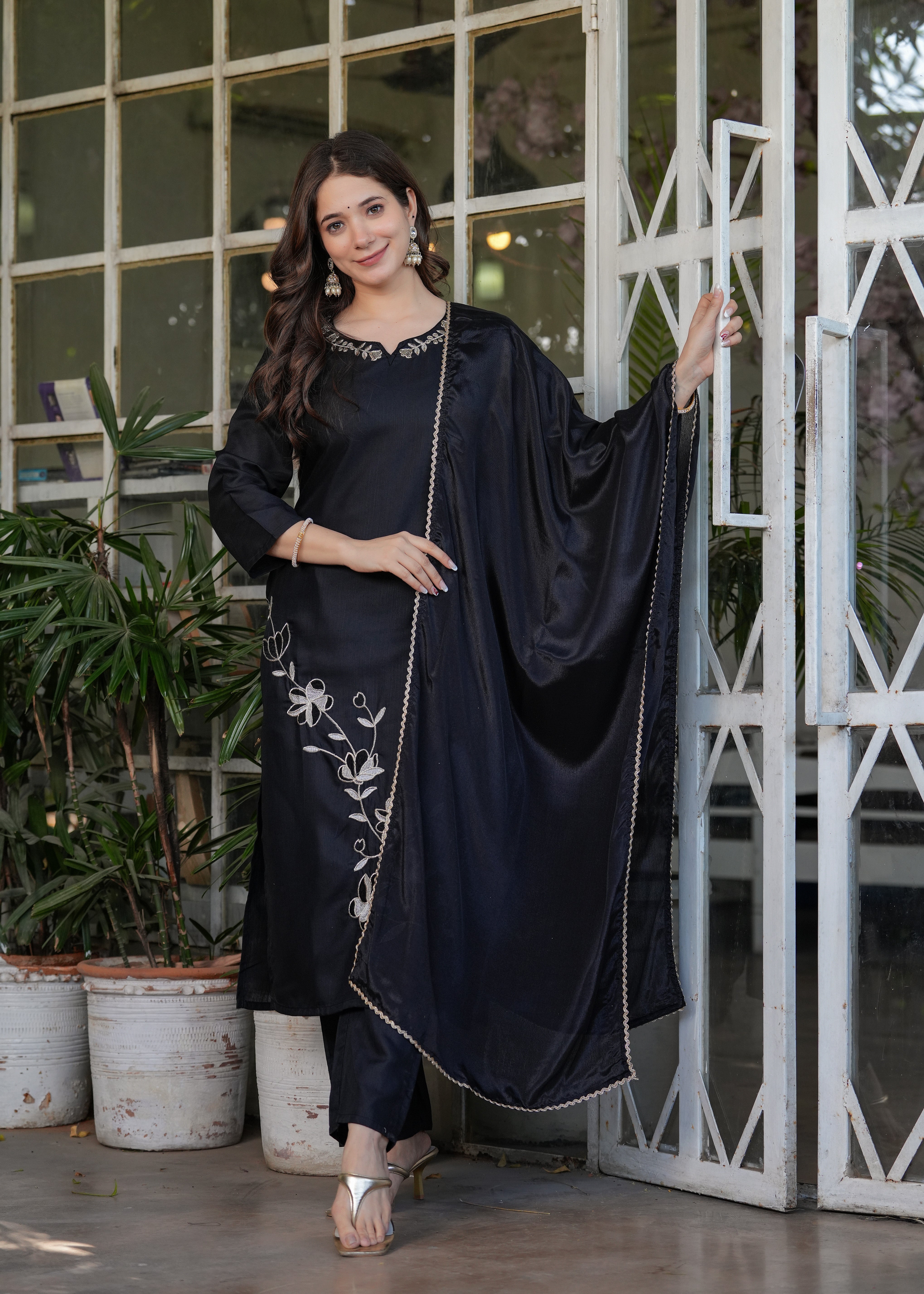 Charming Black Embroidered Viscose Pant Suit With Dupatta