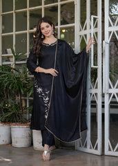 Charming Black Embroidered Viscose Pant Suit With Dupatta