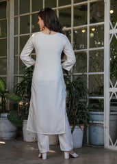 Fascinating Off-White Embroidered Viscose Casual Wear Pant Suit