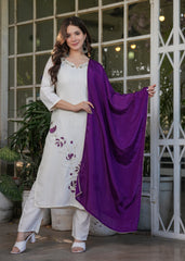 Fascinating Off-White Embroidered Viscose Casual Wear Pant Suit