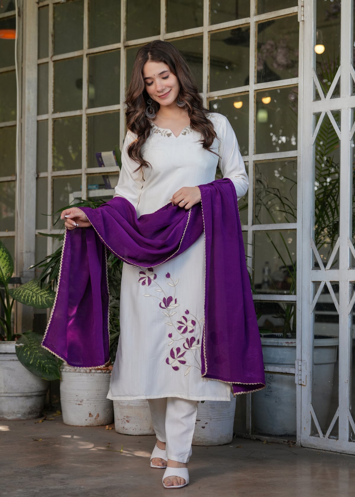 Fascinating Off-White Embroidered Viscose Casual Wear Pant Suit