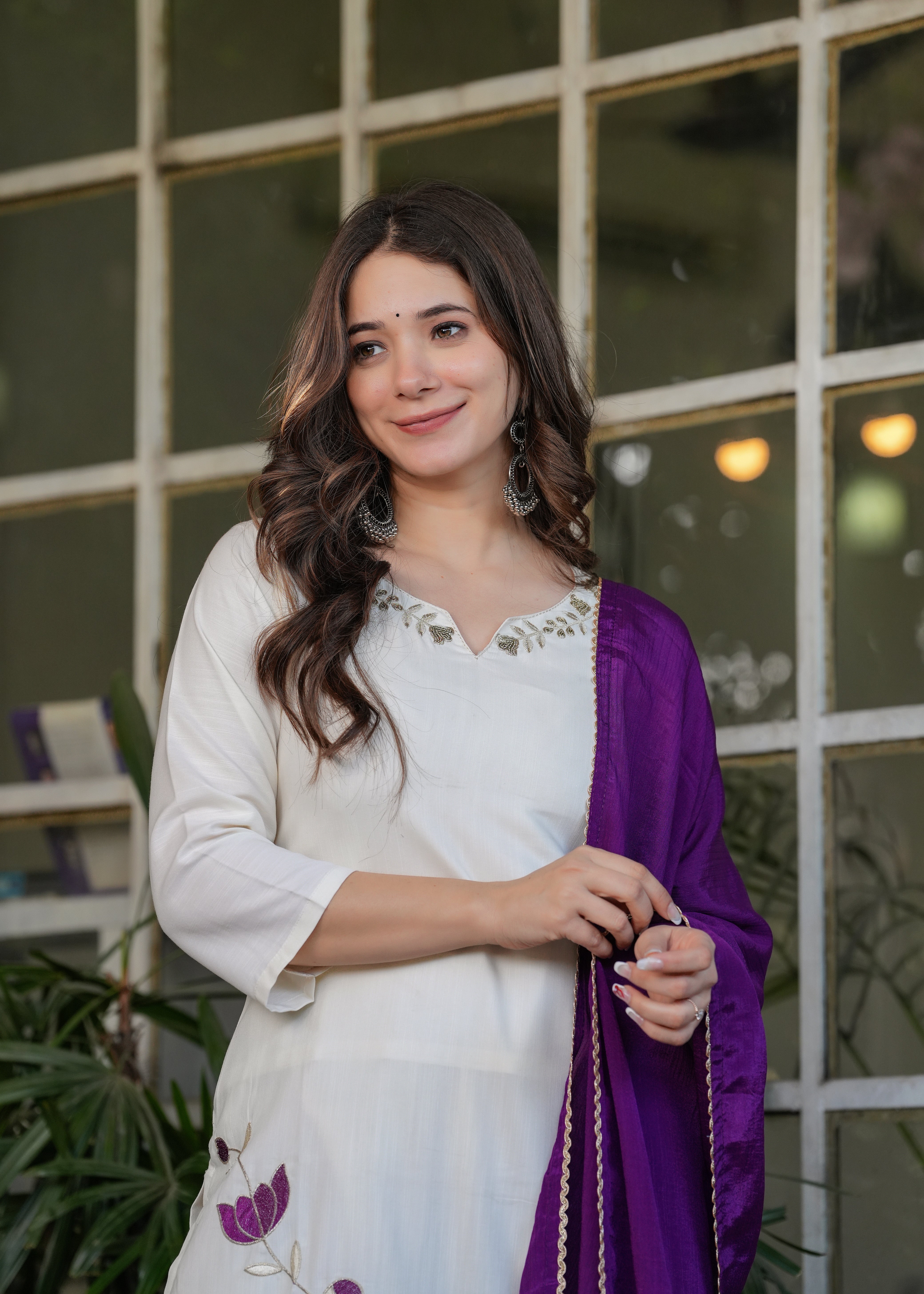 Fascinating Off-White Embroidered Viscose Casual Wear Pant Suit