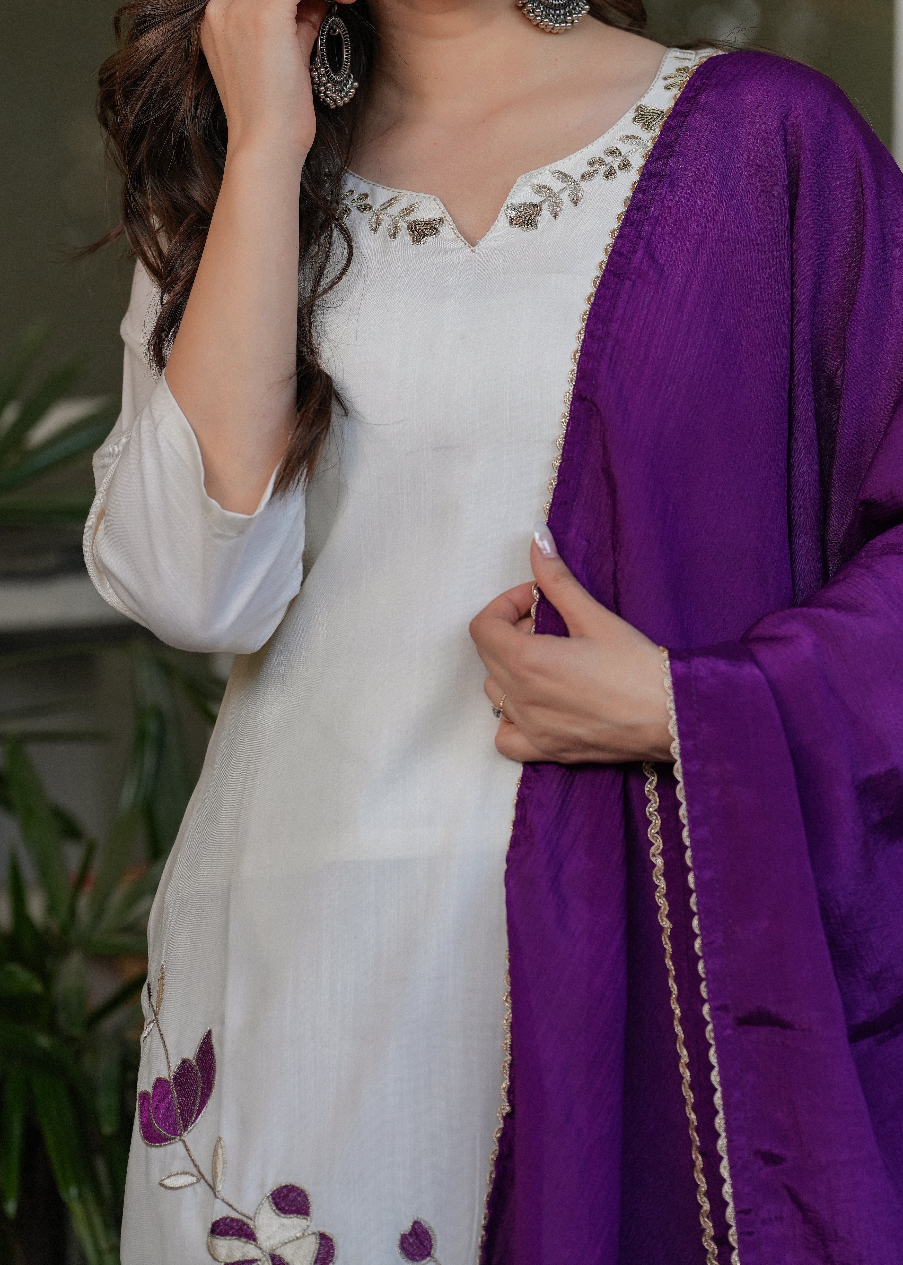 Fascinating Off-White Embroidered Viscose Casual Wear Pant Suit