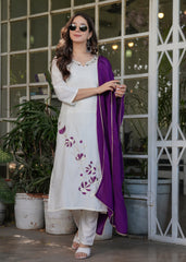 Fascinating Off-White Embroidered Viscose Casual Wear Pant Suit