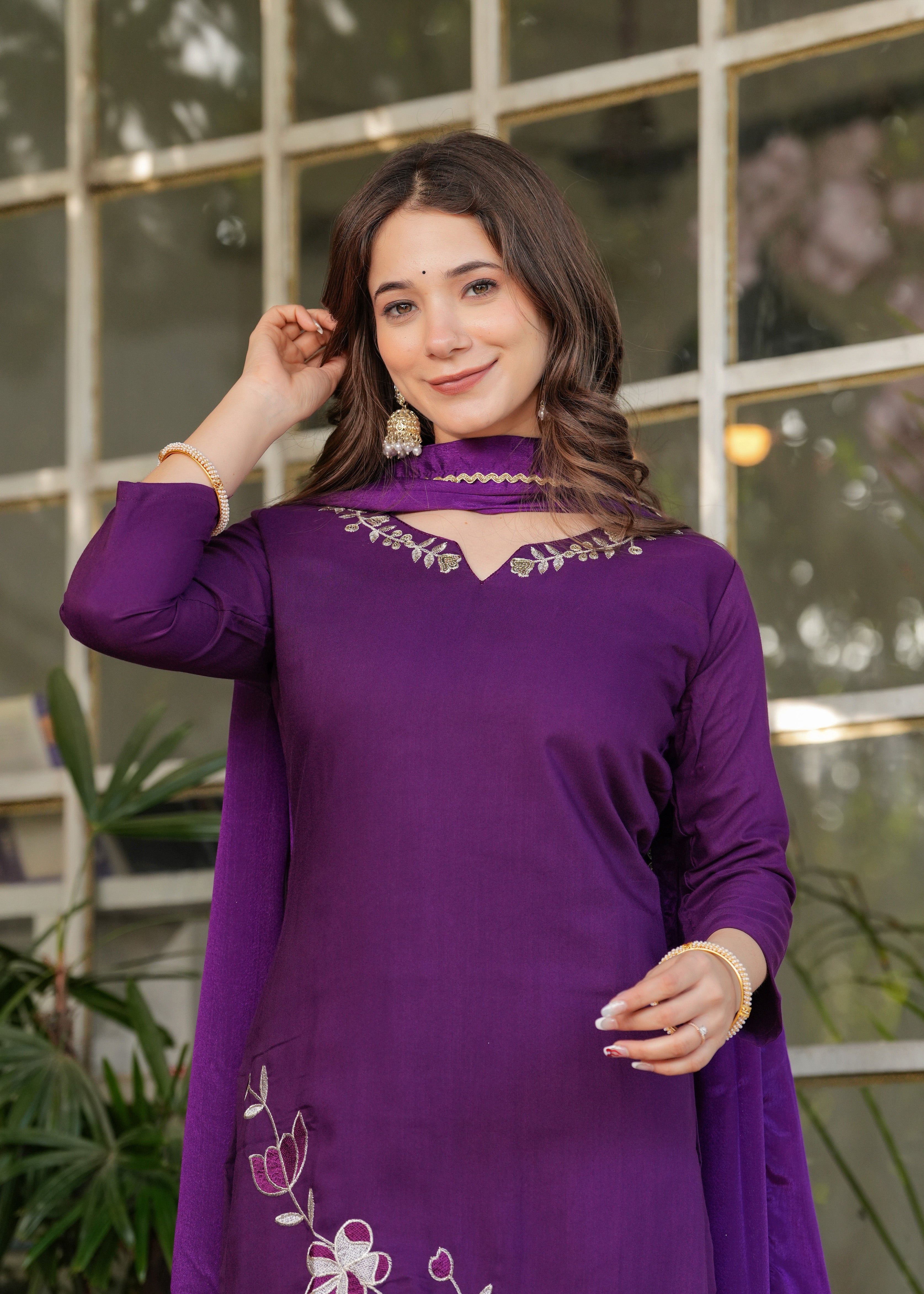 MESMERIZING WINE EMBROIDERED VISCOSE FESTIVAL WEAR PANT SUIT