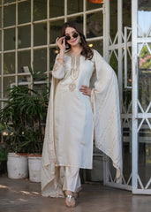 INCREDIBLE OFF-WHITE EMBROIDERED VISCOSE TRADITIONAL PANT SUIT