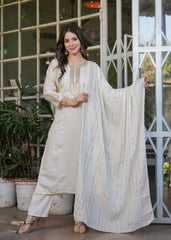 INCREDIBLE OFF-WHITE EMBROIDERED VISCOSE TRADITIONAL PANT SUIT