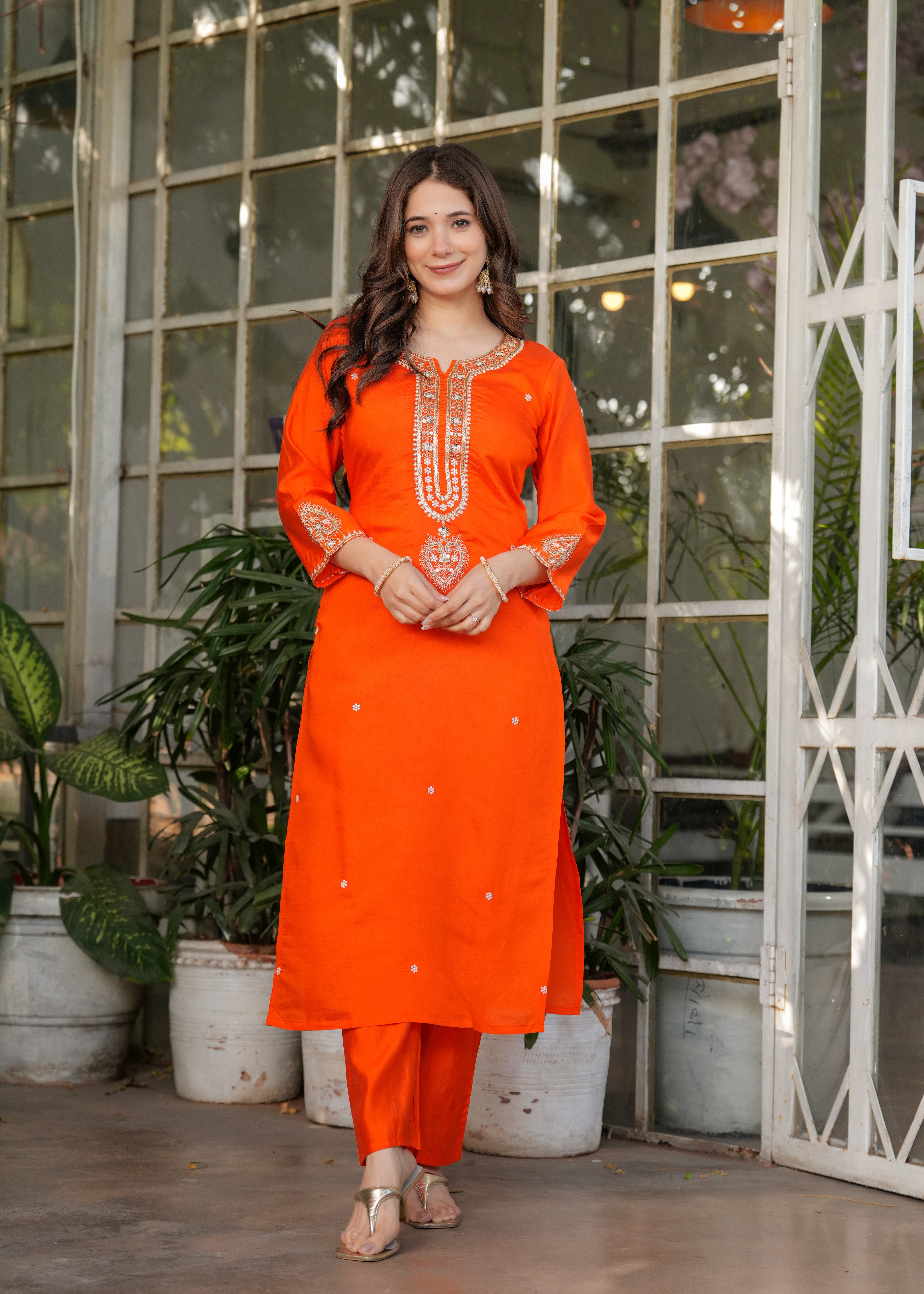 Astonishing Orange Embroidered Viscose Festival Wear Pant Suit