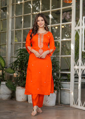 Astonishing Orange Embroidered Viscose Festival Wear Pant Suit