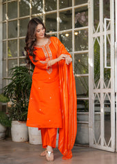 Astonishing Orange Embroidered Viscose Festival Wear Pant Suit