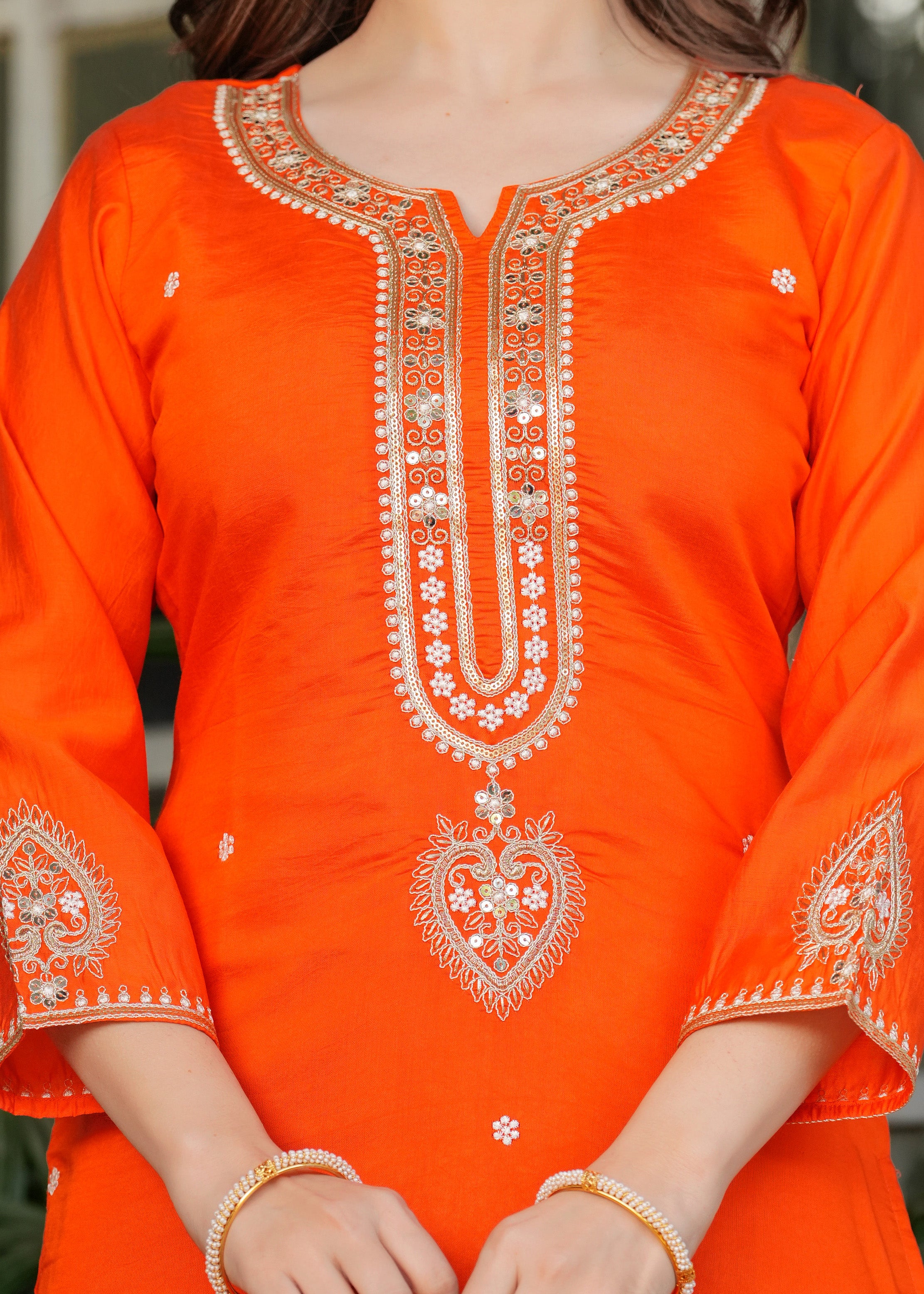 Astonishing Orange Embroidered Viscose Festival Wear Pant Suit