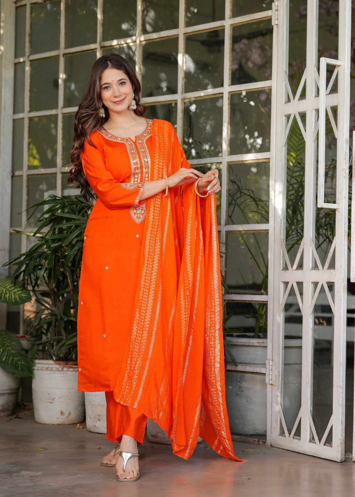 Astonishing Orange Embroidered Viscose Festival Wear Pant Suit
