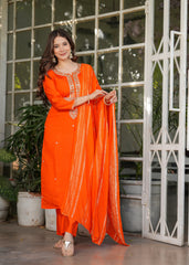 Astonishing Orange Embroidered Viscose Festival Wear Pant Suit
